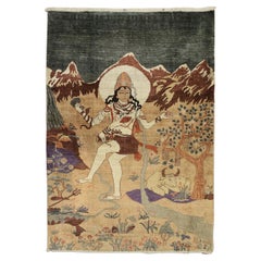 Antique Indian God Design Silk Extremely Fine Deccani Rug, 1900-1920