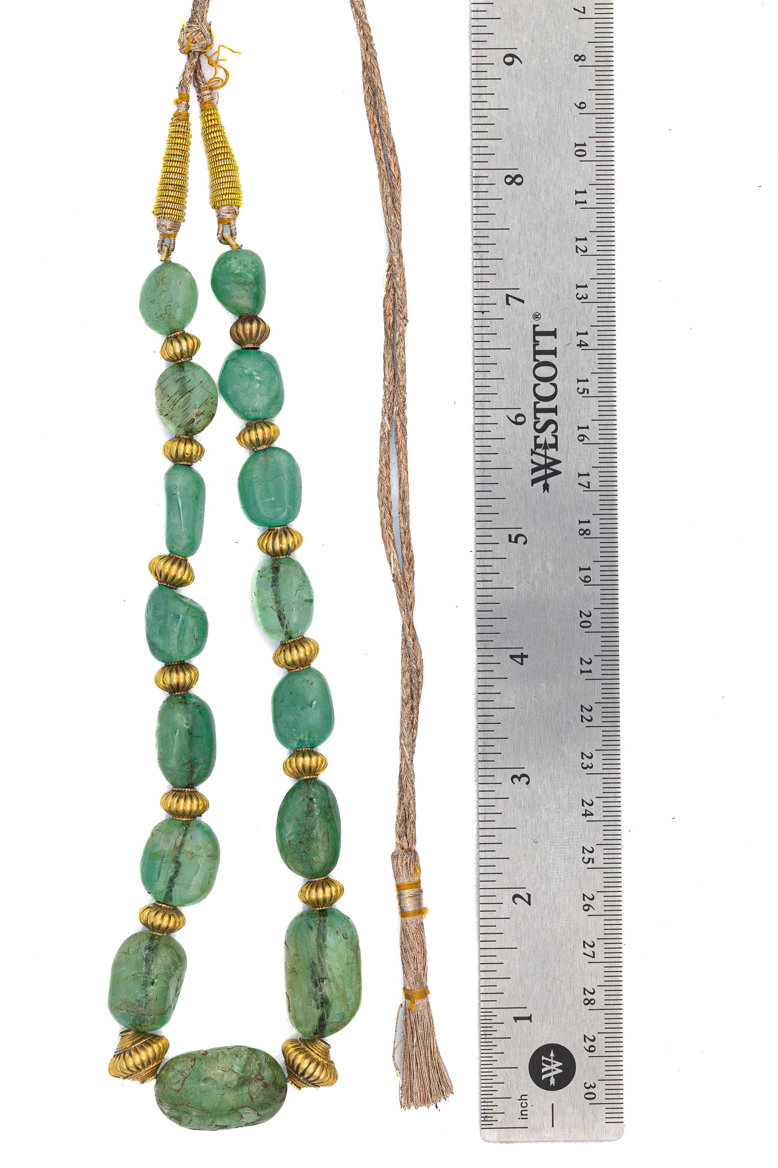 Emerald Cut Antique Indian Gold and Emerald Bead Necklace For Sale