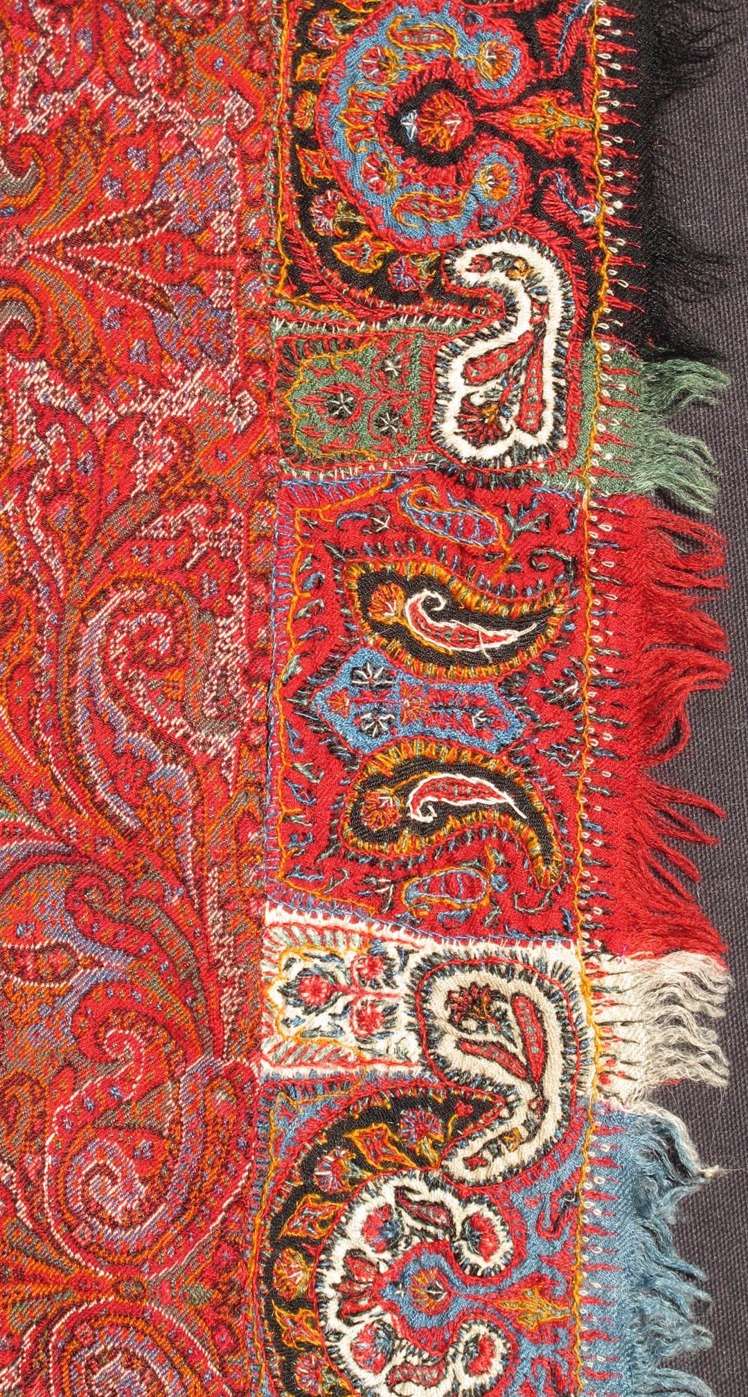Antique Indian Handmade Paisley Textile Shawl in Red and Brilliant Border.
 
19th Century Antique Indian Hand made Paisley Textile Shawl with Brilliant Colors  L11-0907, Size/ , Country of Origin Indian Hand made Paisley.   
Measure: 5'11 x 6'2
