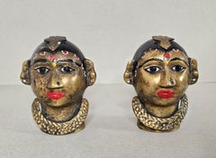 Antique Indian Hand Painted Brass Figural Gauri Head Sculpture Pair