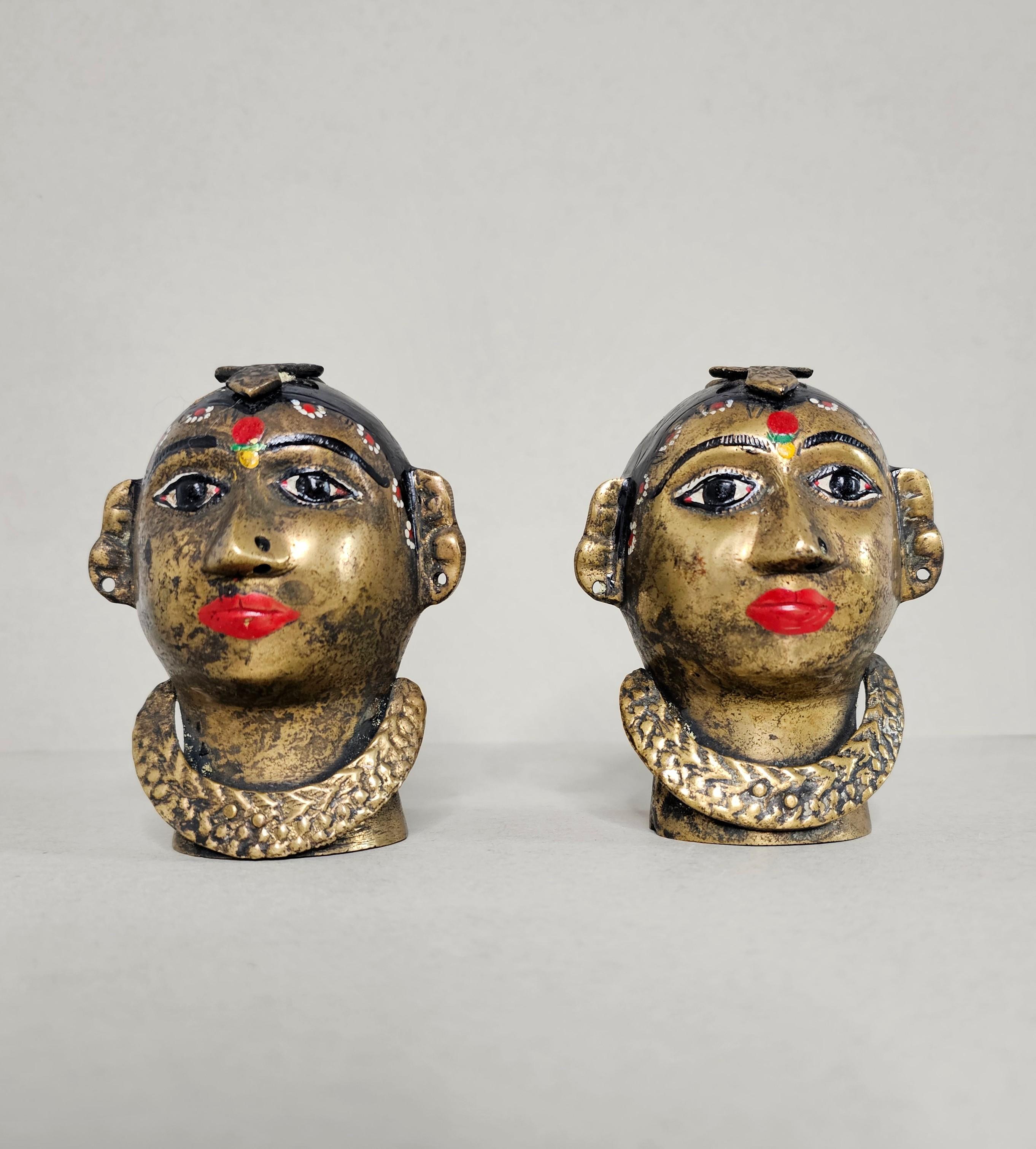 Anglo Raj Antique Indian Hand Painted Brass Figural Gauri Head Sculpture Pair  For Sale