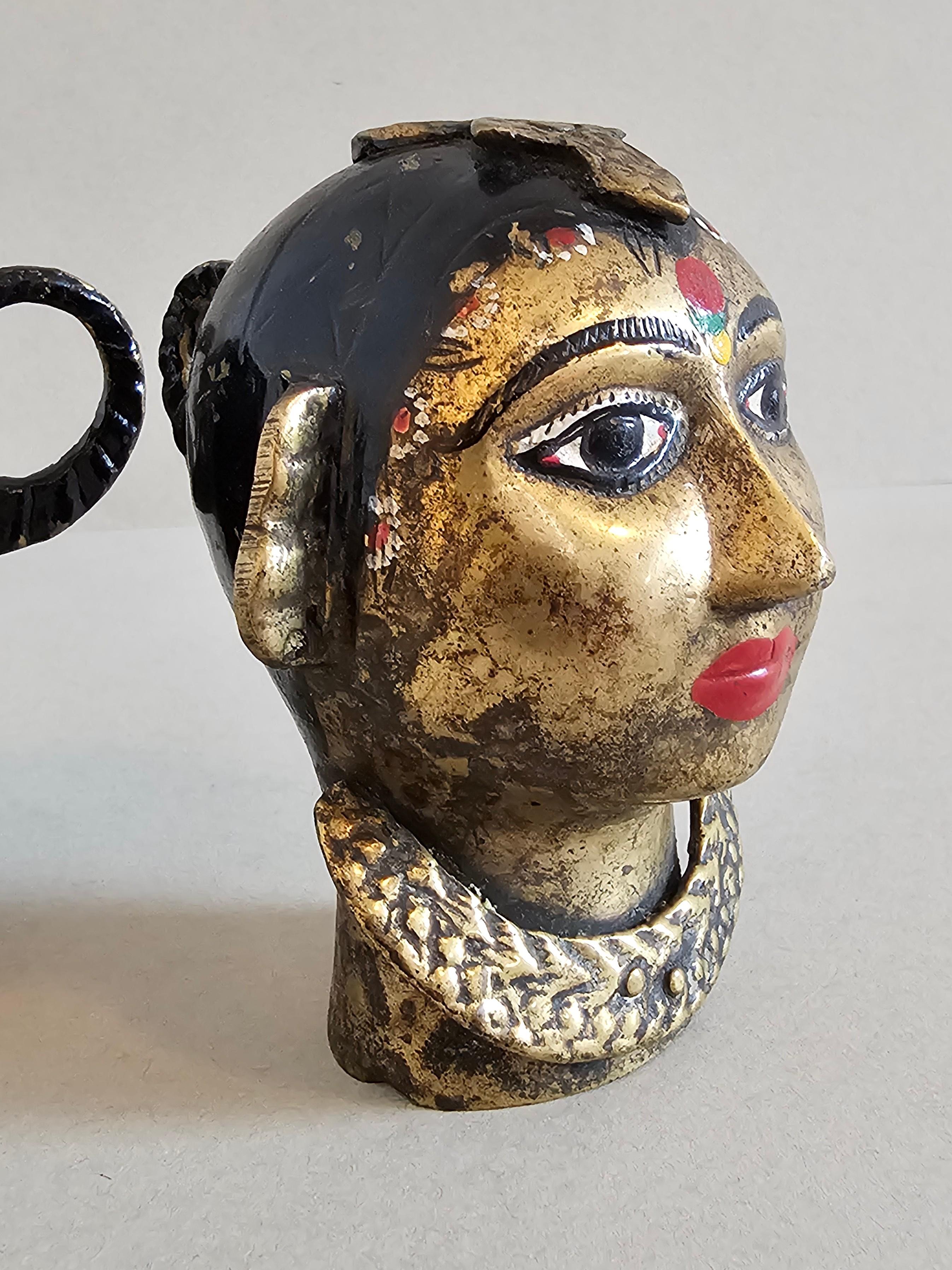 Cast Antique Indian Hand Painted Brass Figural Gauri Head Sculpture Pair  For Sale