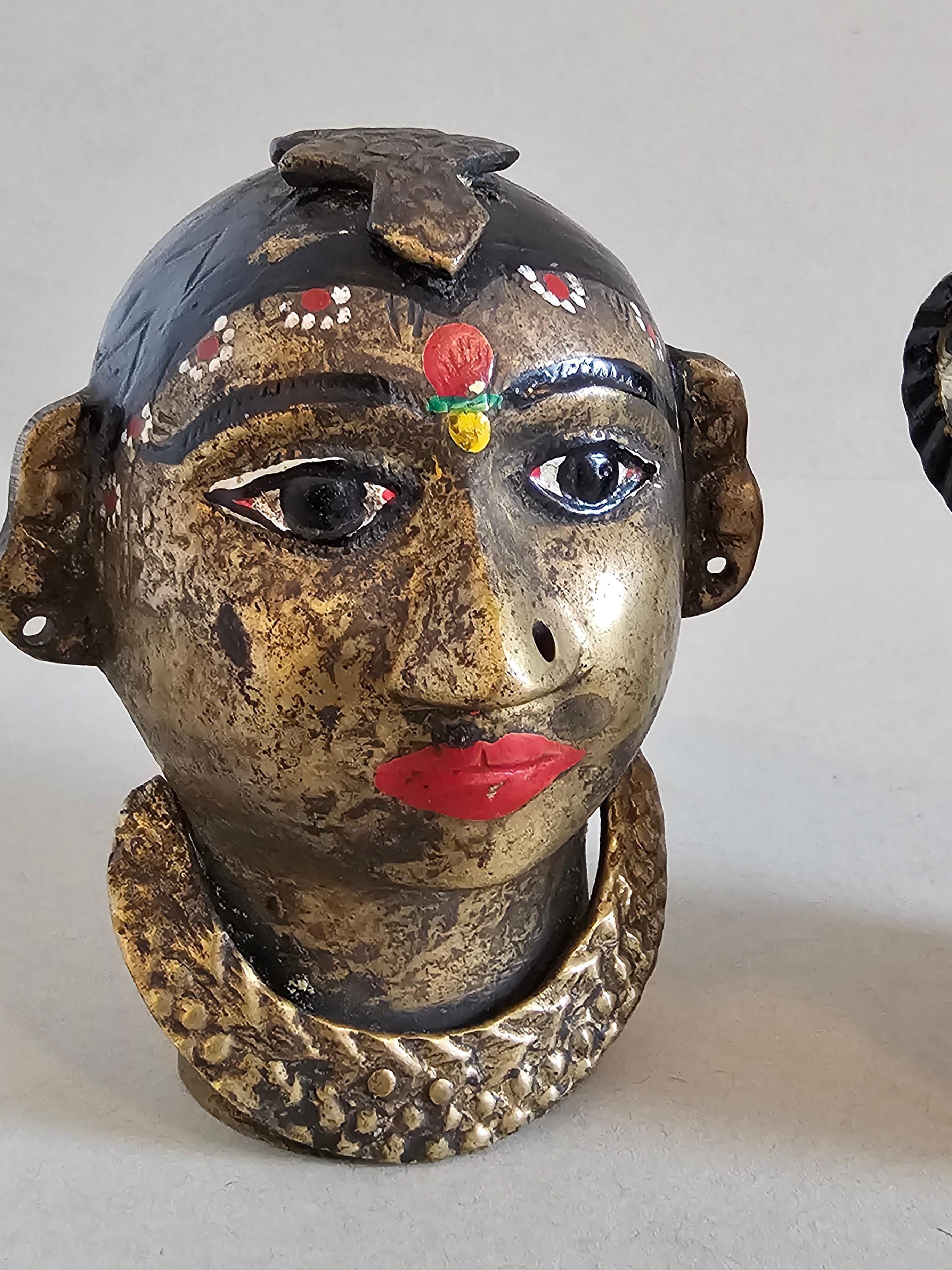 Antique Indian Hand Painted Brass Figural Gauri Head Sculpture Pair  In Good Condition For Sale In Forney, TX