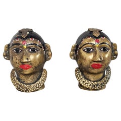 Antique Indian Hand Painted Brass Figural Gauri Head Sculpture Pair