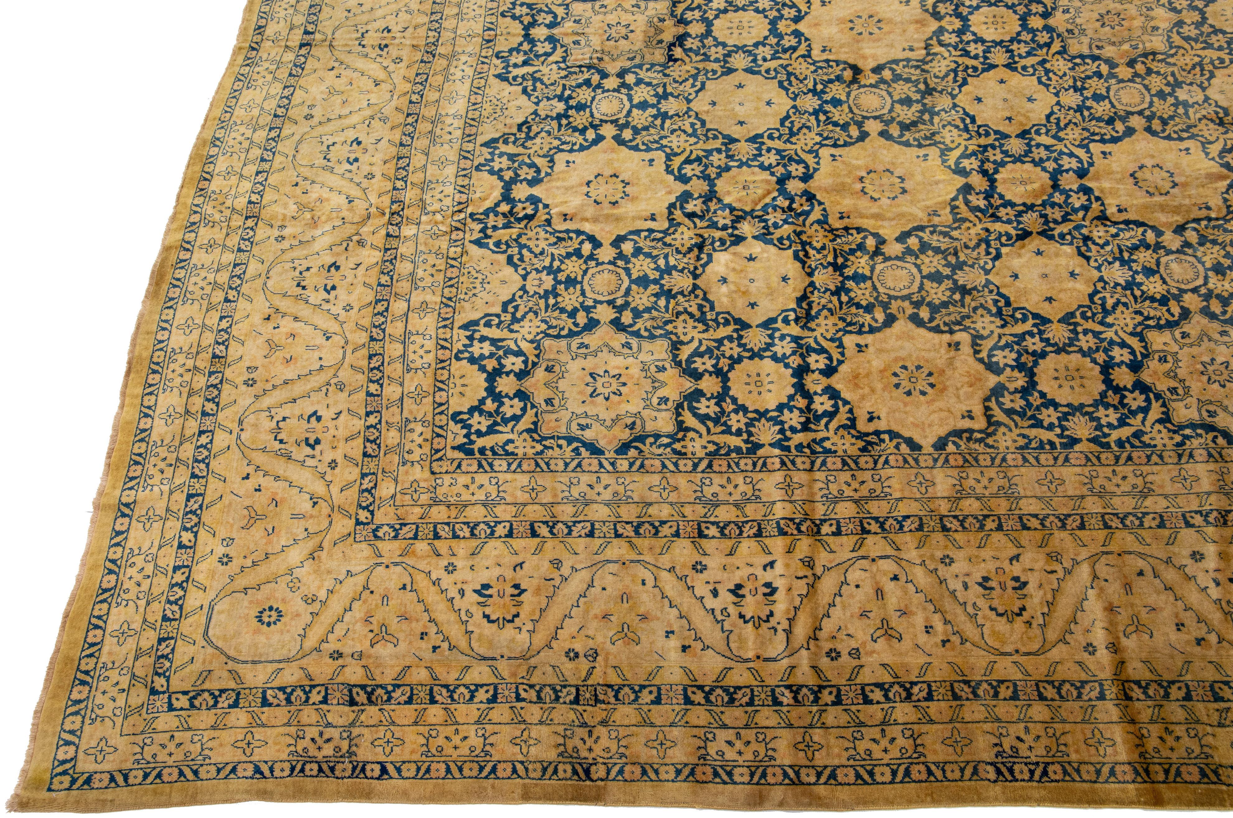 Hand-Knotted Antique Indian Handmade Blue Wool Rug with Allover Rosette Design For Sale