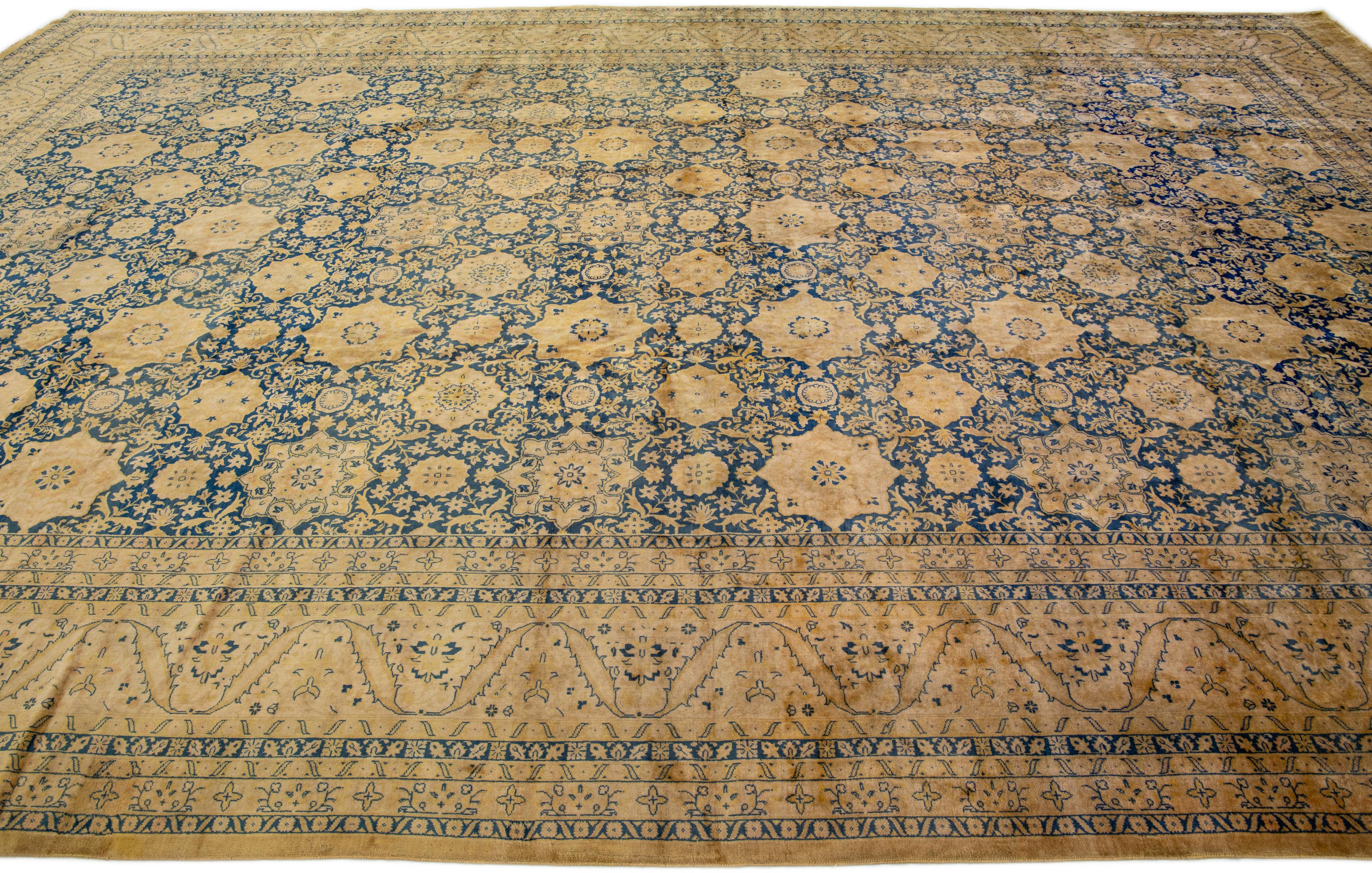 Antique Indian Handmade Blue Wool Rug with Allover Rosette Design In Good Condition For Sale In Norwalk, CT