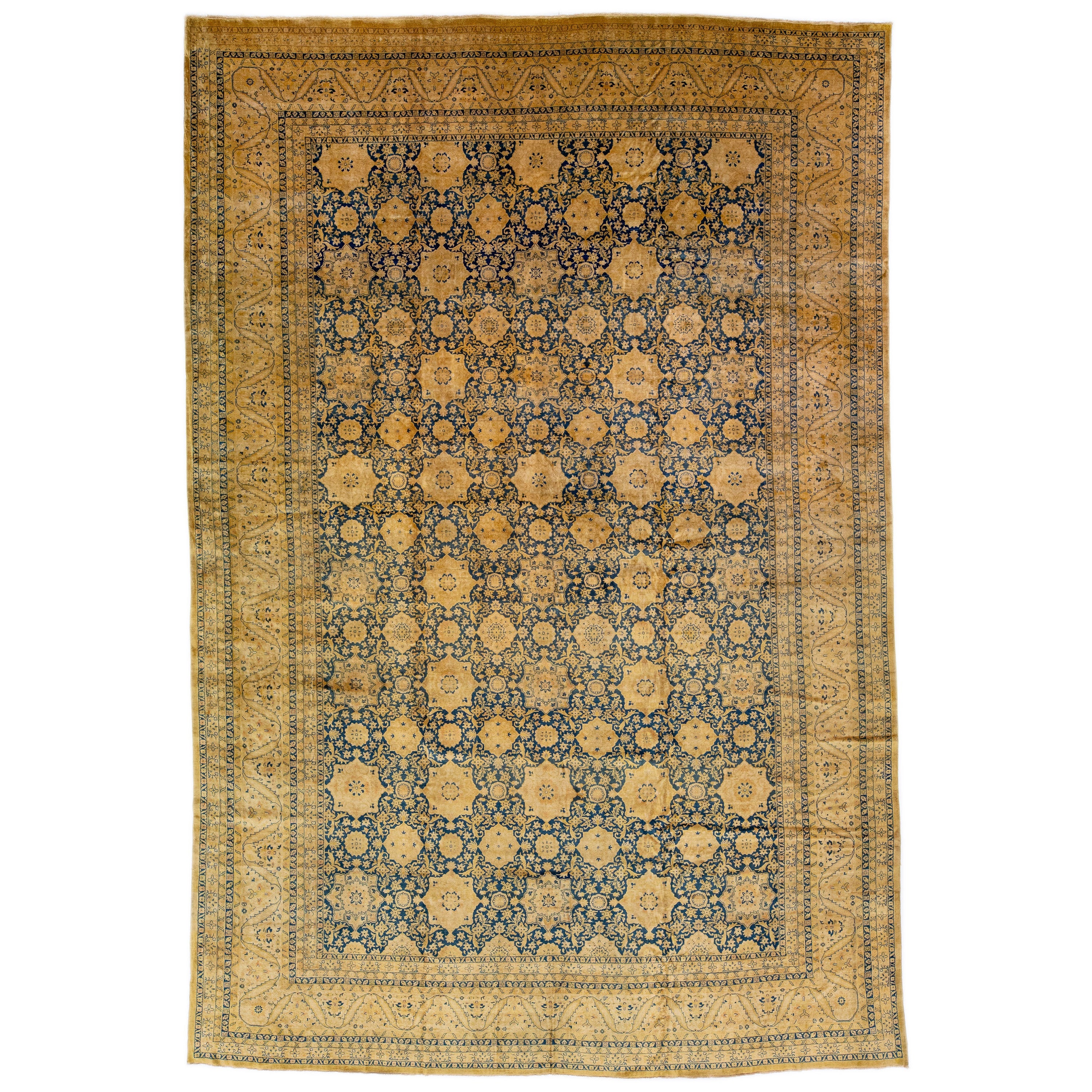 Antiker indischer handgefertigter blauer Wollteppich mit Rosette-Design im Angebot