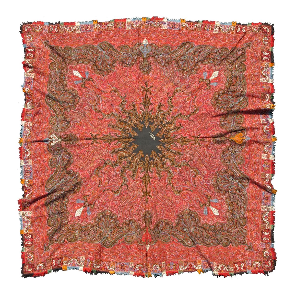 Antiker indischer handgefertigter Paisley-Textilschal mit leuchtenden Farben im Angebot