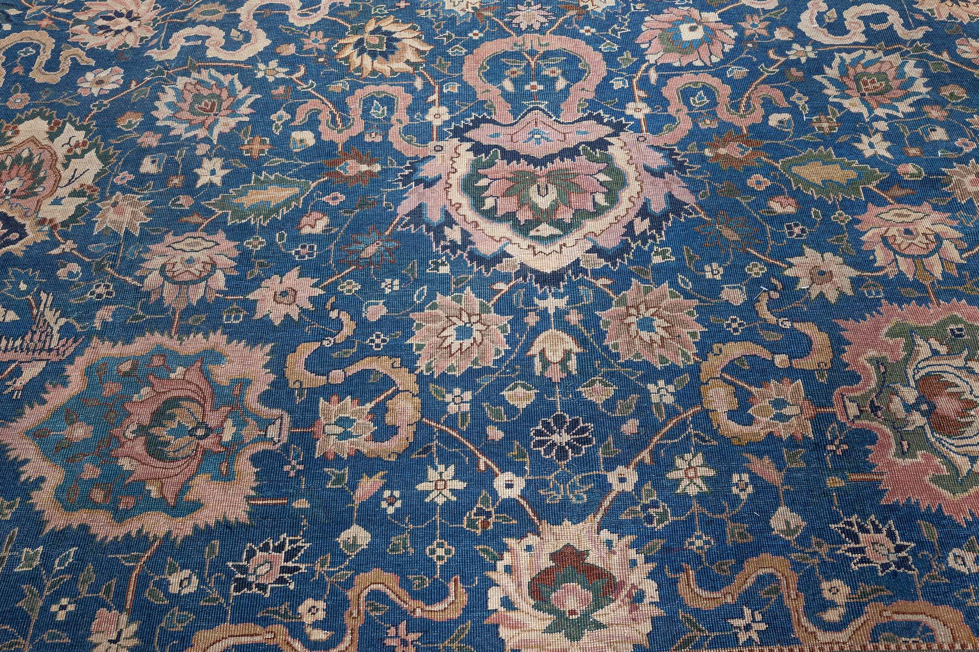 Antique Indian midnight blue and beige handwoven wool carpet
Size: 12'0