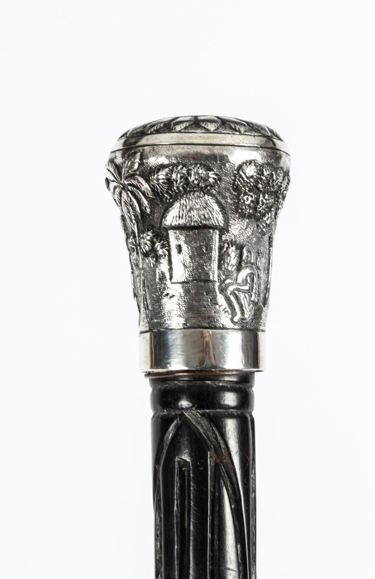 Antique Indian Hardwood & Silver Pommel Walking Stick Cane 19th Century In Good Condition In London, GB