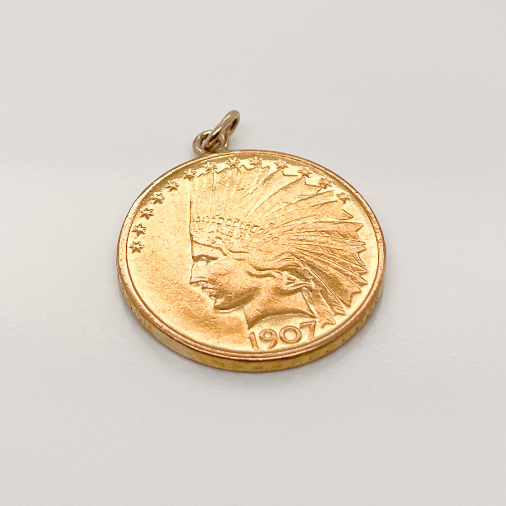 Antique Indian Head $10 US Gold Coin Pendant for a Necklace In Good Condition In Philadelphia, PA