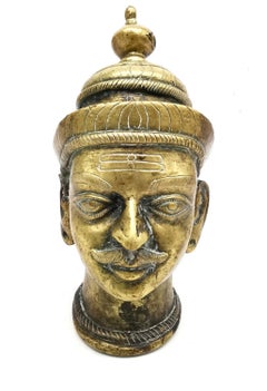 Antique 19th C Hindu Shiva Brass Votive Head  Indian Ritual Art Sculpture