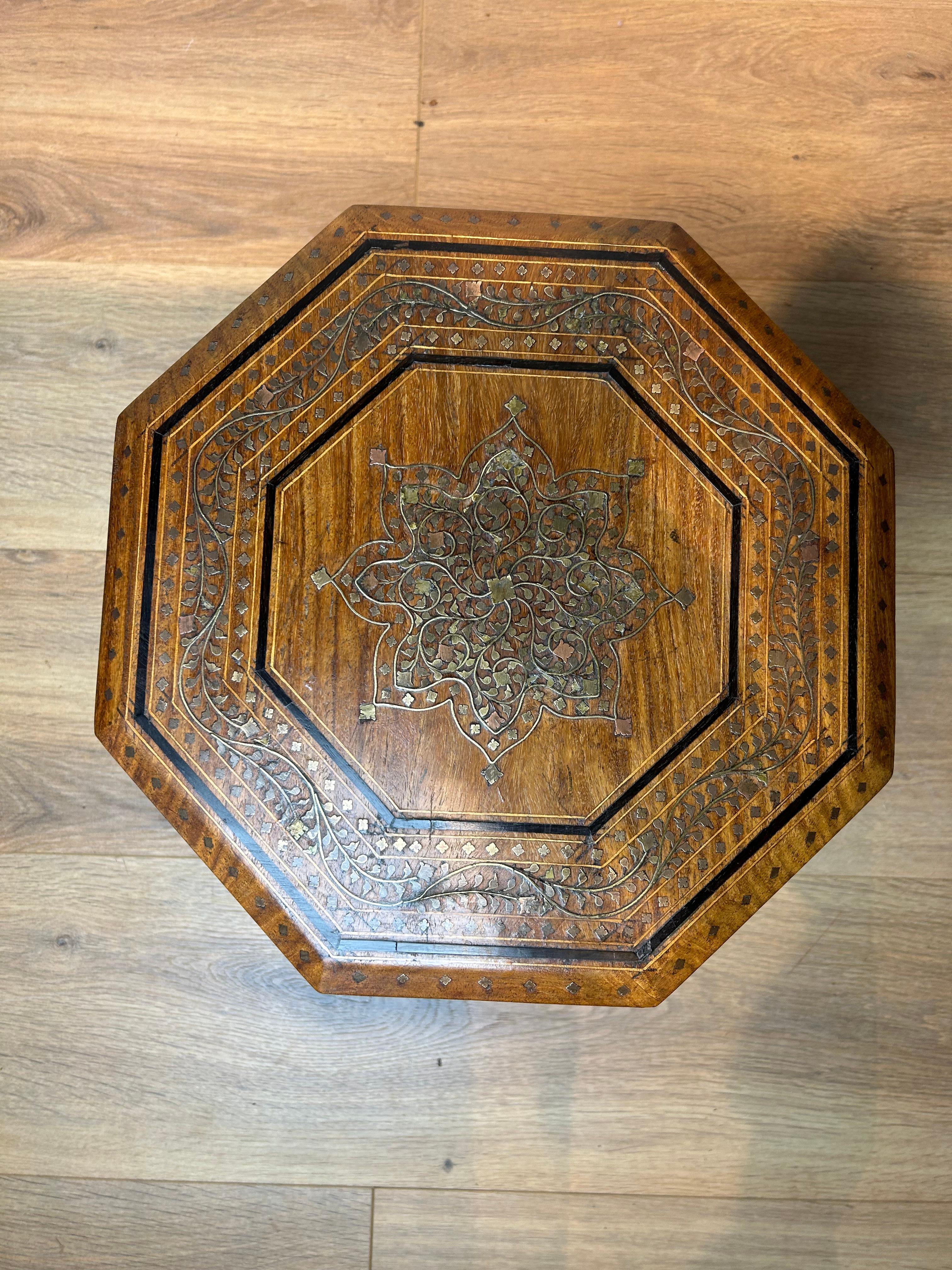 Indian hexagonal Hoshiarpur side table circa 1890 with brass, ebony and box inlay, the top is removable and the table can be flat packed.