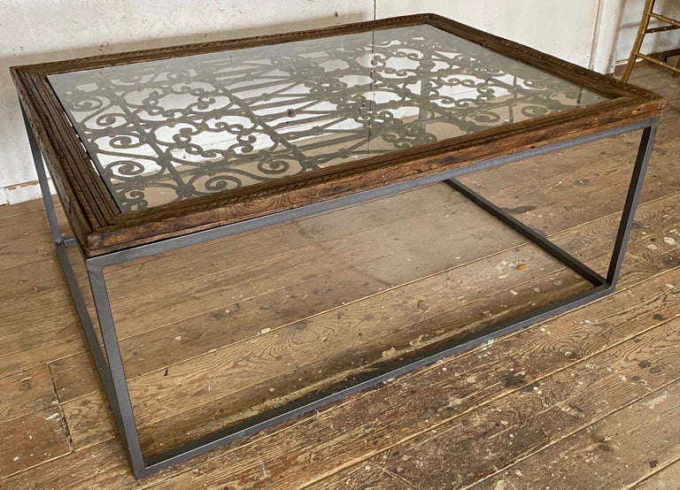 Hand-Crafted Antique Indian Iron Window Grate Coffee Table For Sale