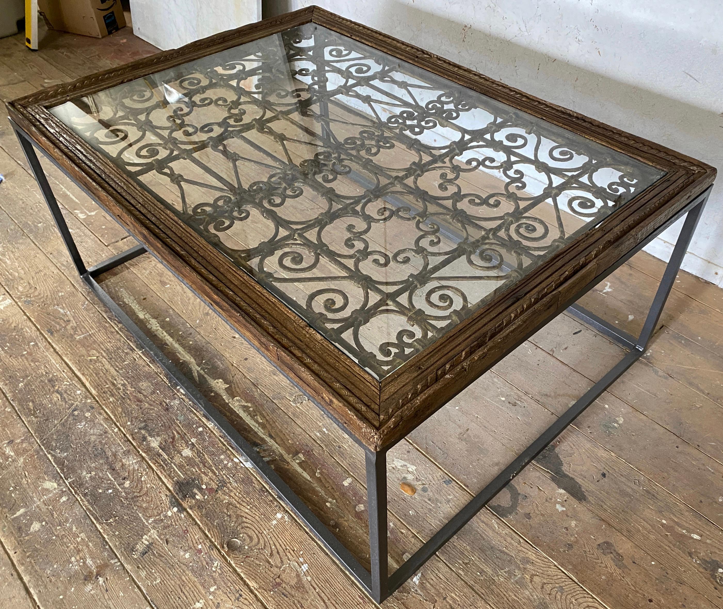 Hand-Crafted Antique Indian Iron Window Grate Coffee Table For Sale