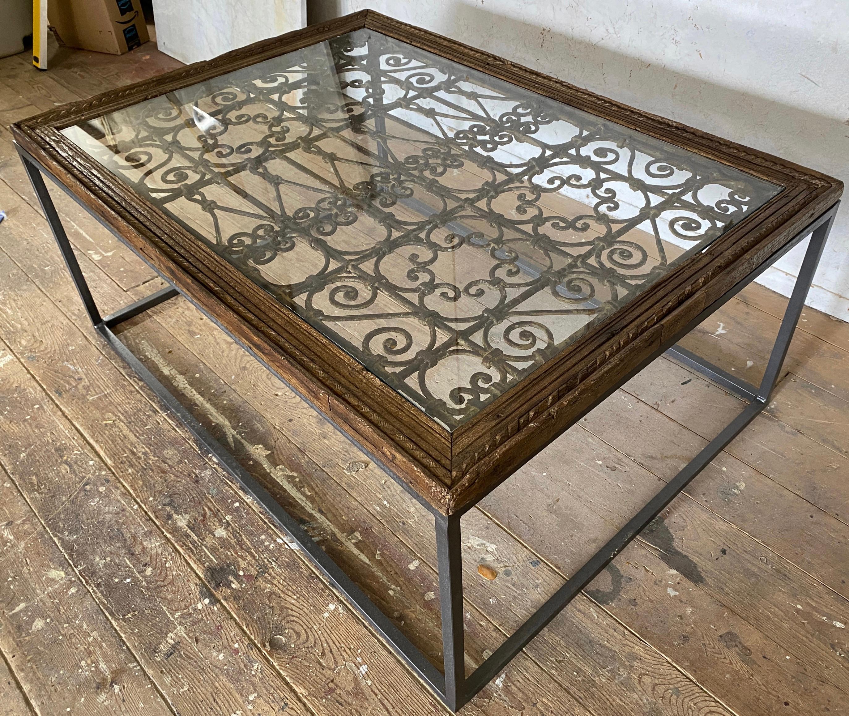 Metal Antique Indian Iron Window Grate Coffee Table For Sale
