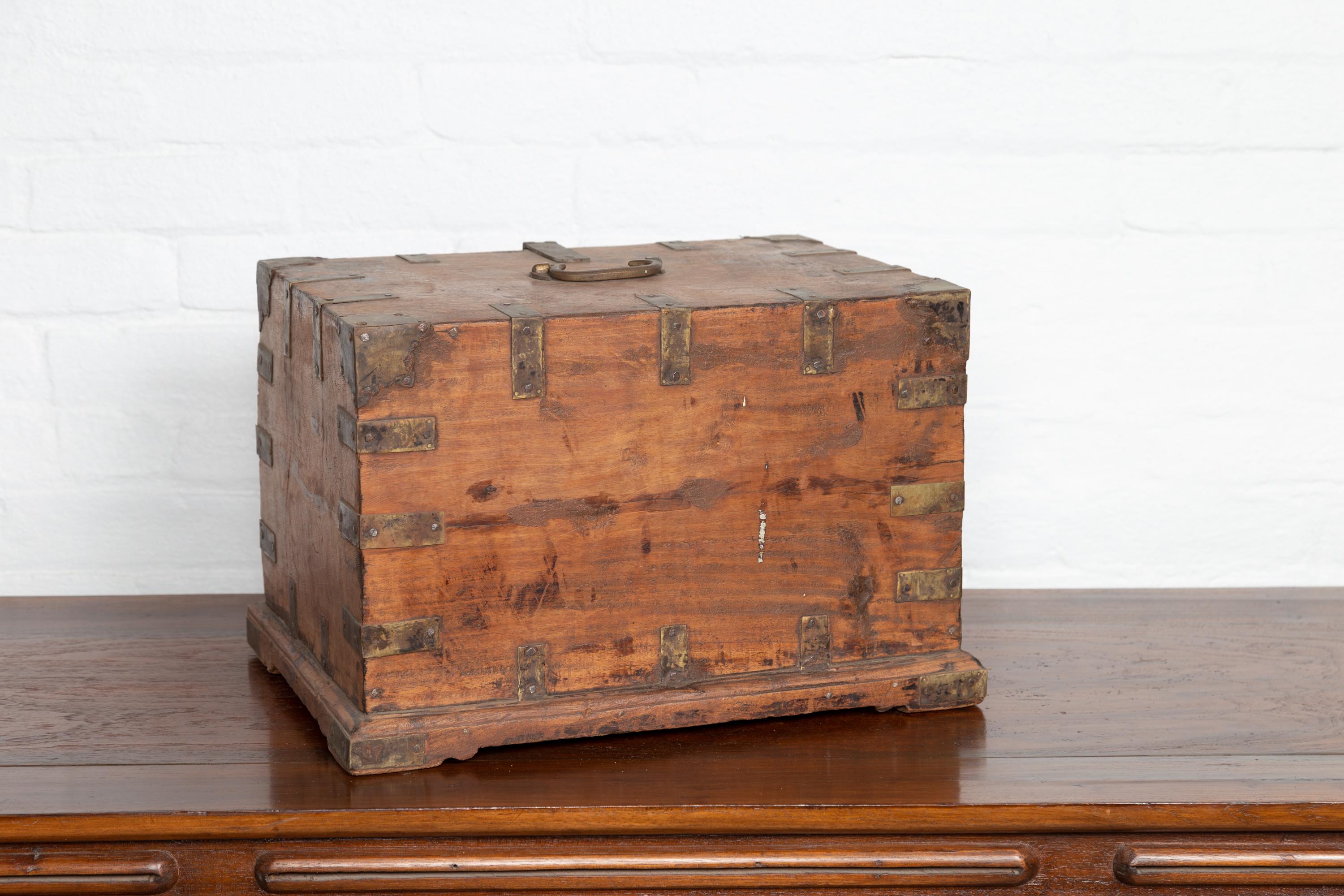 Antique Indian Jewelry Box with Brass Braces, Drop Front and Hidden Drawers 6