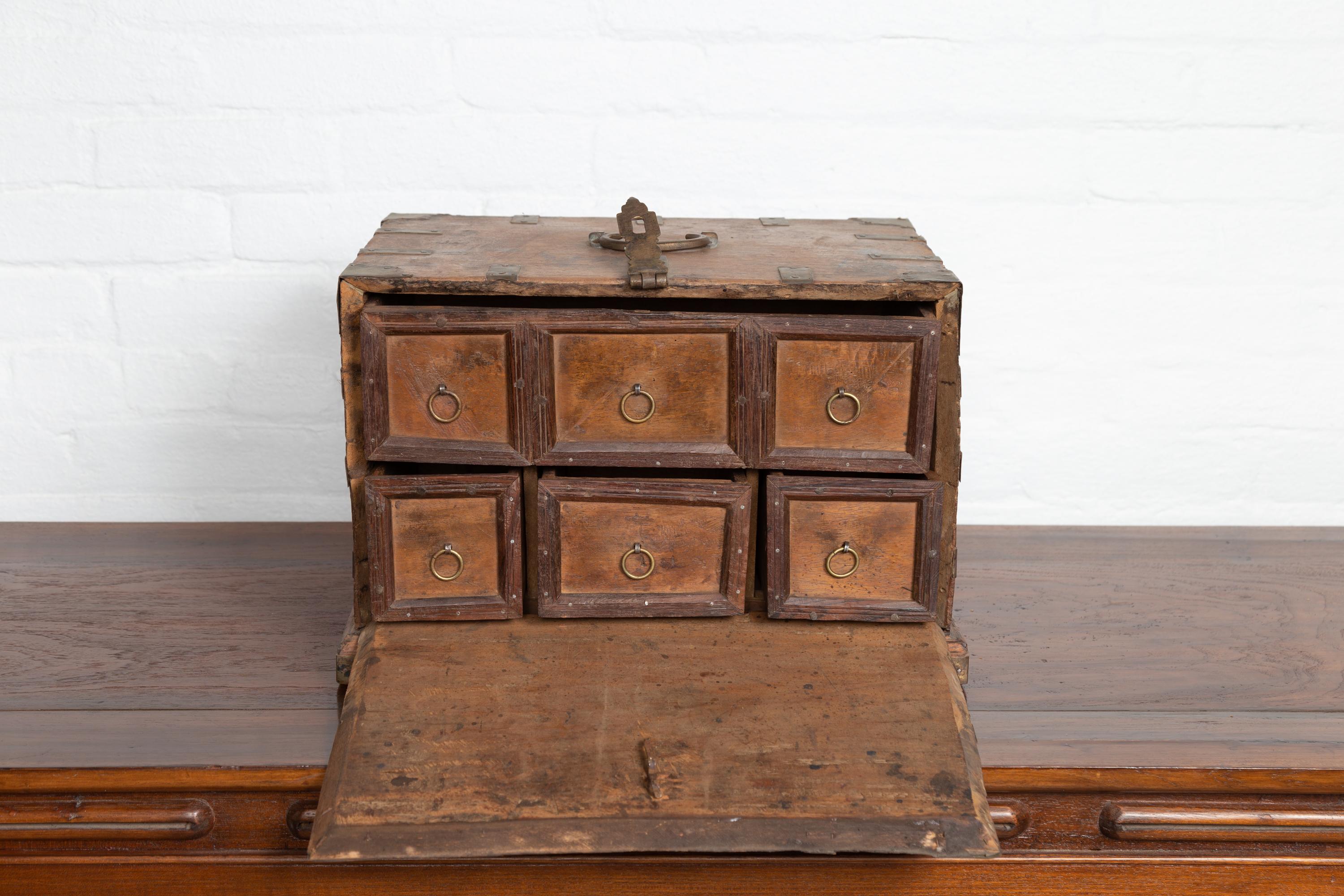 Antique Indian Jewelry Box with Brass Braces, Drop Front and Hidden Drawers In Good Condition In Yonkers, NY