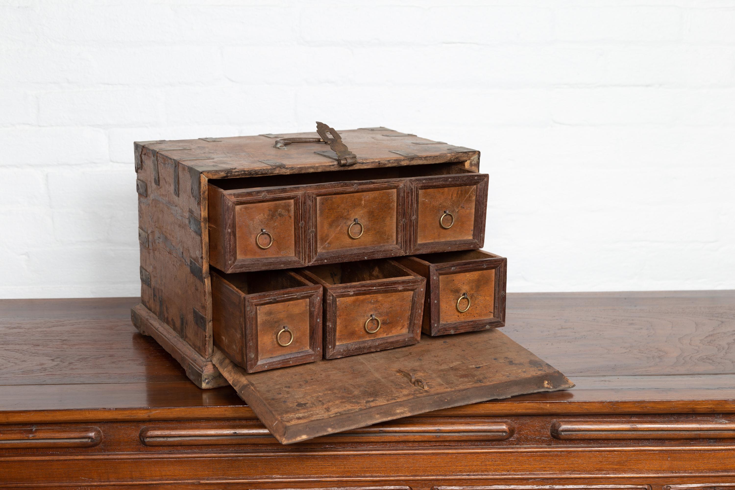 19th Century Antique Indian Jewelry Box with Brass Braces, Drop Front and Hidden Drawers