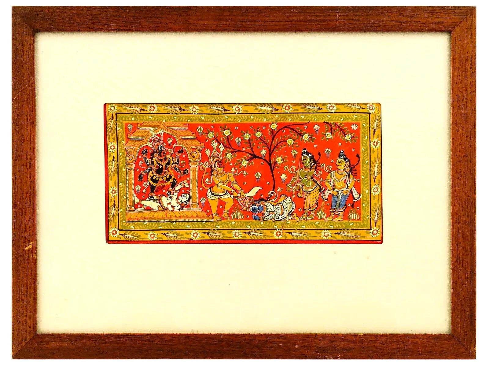 Eine antike indische Madhubani Art gemischte Medien, Gouache und Blattgold, Miniaturmalerei. Das Kunstwerk stellt eine religiöse Szene dar, in der Kali auf Shiva steht. Gerahmt. Sammelbare orientalisch-islamische Kunst und Dekoration,
