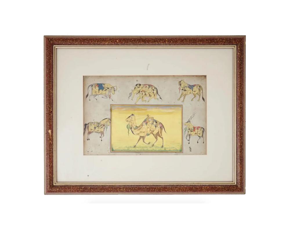 An antique Indian Kamasutra style erotic painting. The picture show different animal fulfilled with people having sex in various positions. Signed lower right. Artist painted this piece using the stone color and squirrel single hair brush. With a