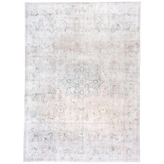 Vintage Indian Kashmir Rug, Silver and Gray Field, Dark Green Accents