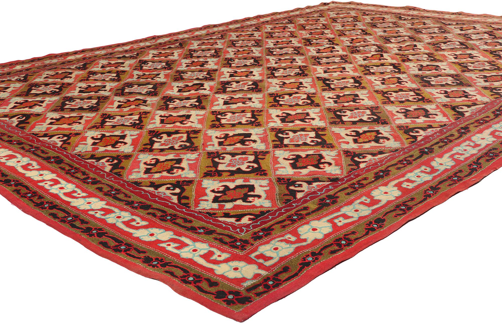71812 Antique Indian Kashmir Wool Felted Rug, 09'00 x 12'00. ​Indian Kashmir wool felted rugs are handcrafted textiles made in the Kashmir region of India using a traditional felting technique, where wool fibers are matted together through moisture,