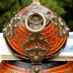 Antique Indian Kerala 'Cheppu' Hand-Painted Lacquer Jewellery Box, Brass, a 1923