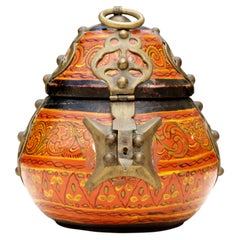 Antique Indian Kerala 'Cheppu' Hand-Painted Lacquer Jewellery Box, Brass, a 1923