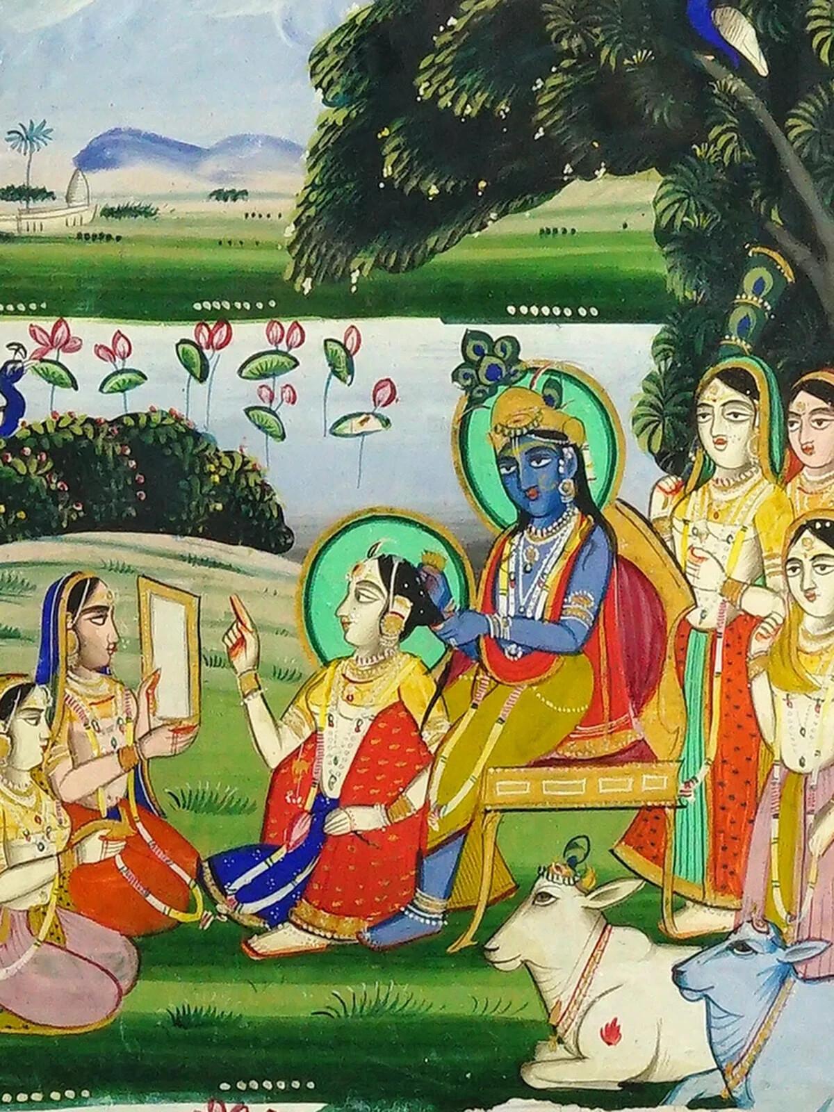 Eine antike indische Mughal Art Mischtechnik, Gouache und Blattgold, Miniaturmalerei. Das Kunstwerk zeigt eine Gartenszene mit Krishna, der Radhas Haar kämmt, umgeben von den Gopis. Gerahmt. Sammelbare orientalisch-islamische Kunst und Dekoration,