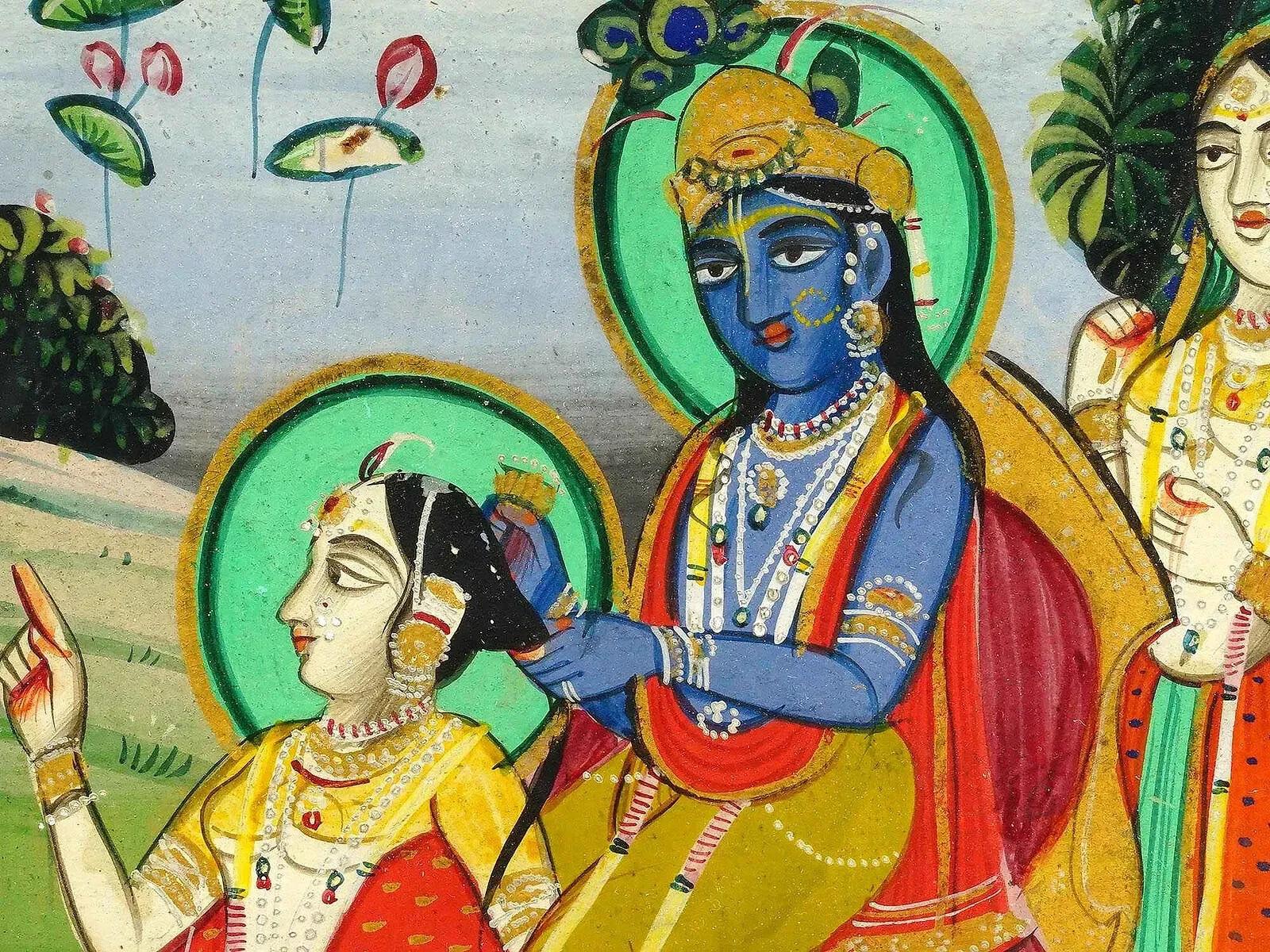 Antike indische Krishna Mixed Media Miniature Malerei (Unbekannt) im Angebot
