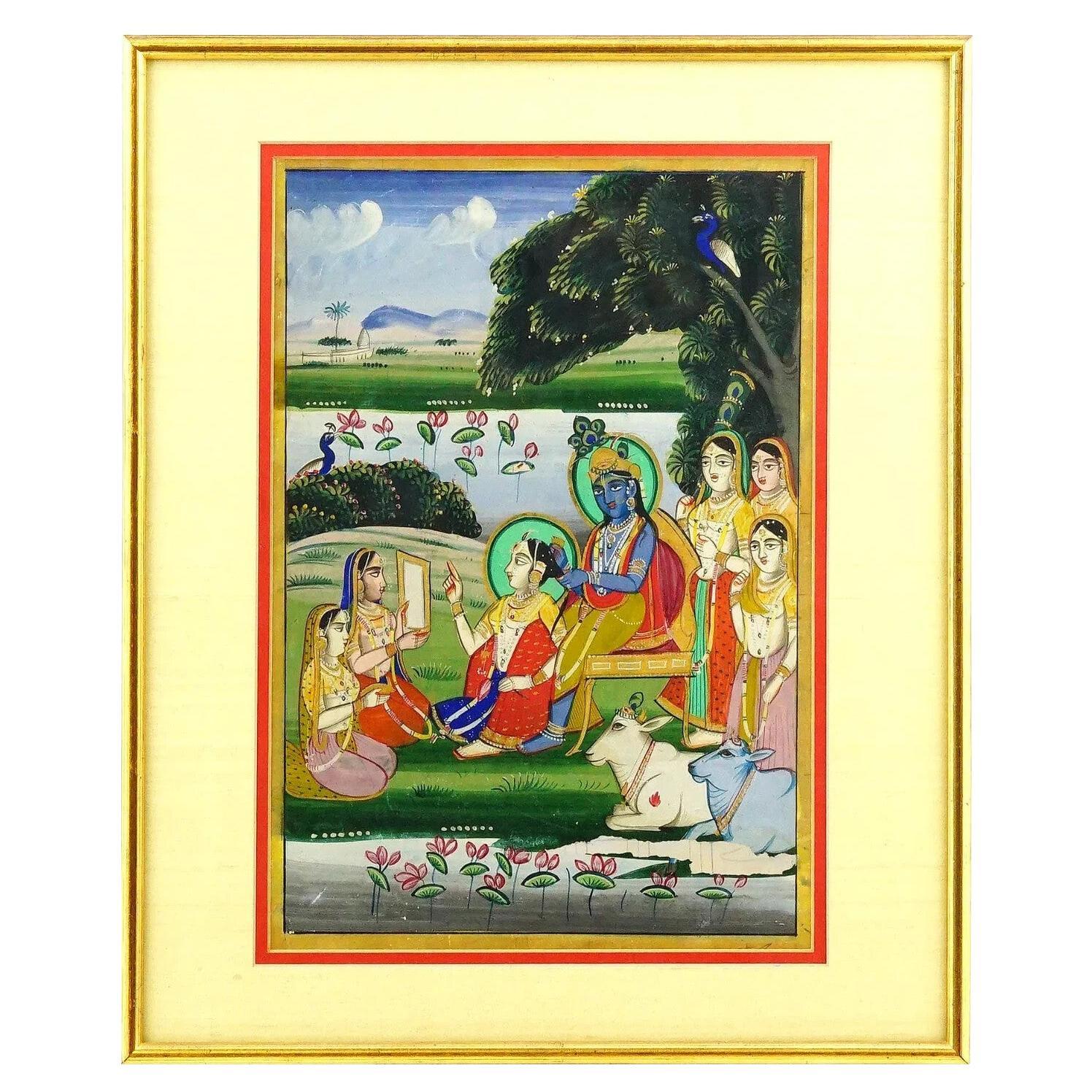 Antique Indian Krishna Mixed Media Miniature Painting
