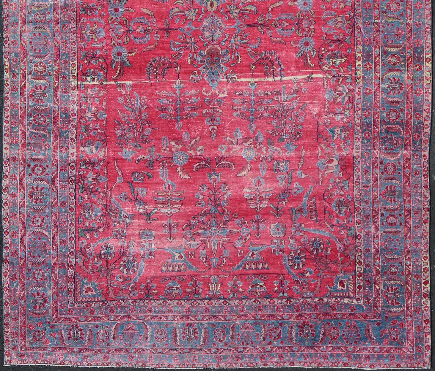 Antique Indian Lahore Large Carpet with Floral Design in Soft Magenta and Blue For Sale 3