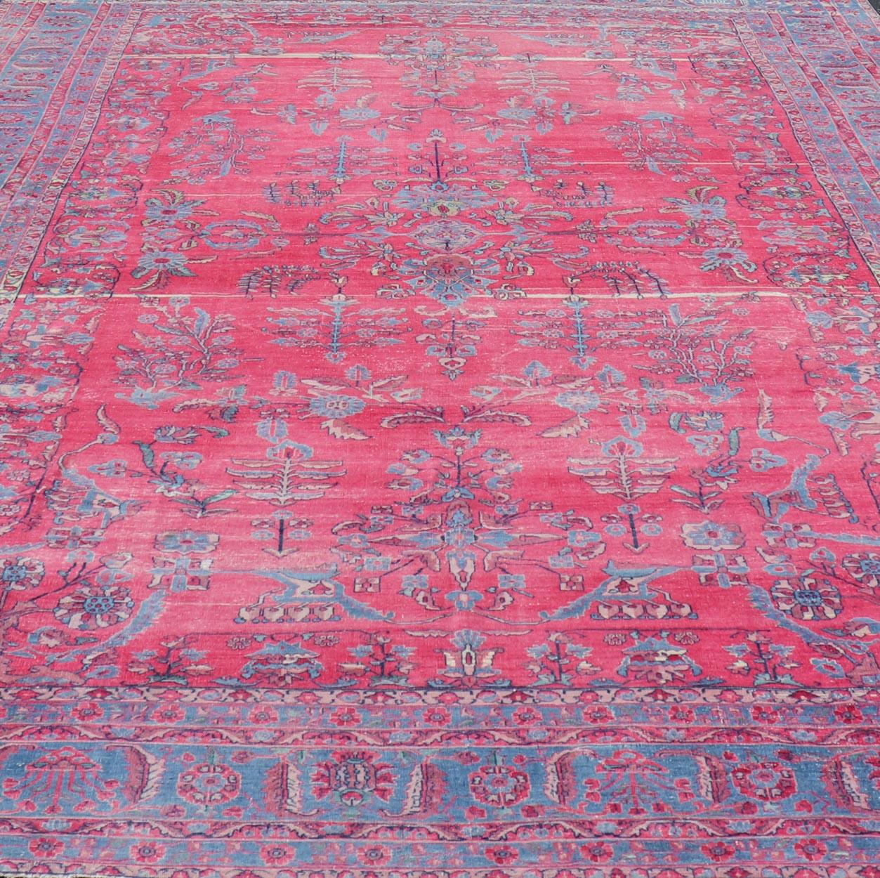 Antique Indian Lahore Large Carpet with Floral Design in Soft Magenta and Blue For Sale 4