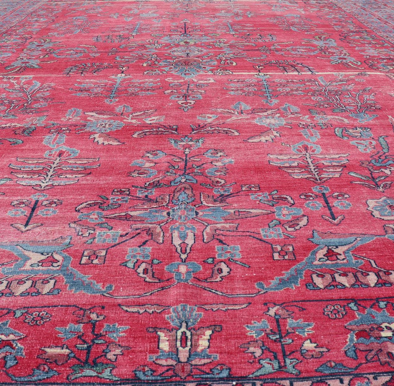 Antique Indian Lahore Large Carpet with Floral Design in Soft Magenta and Blue For Sale 5