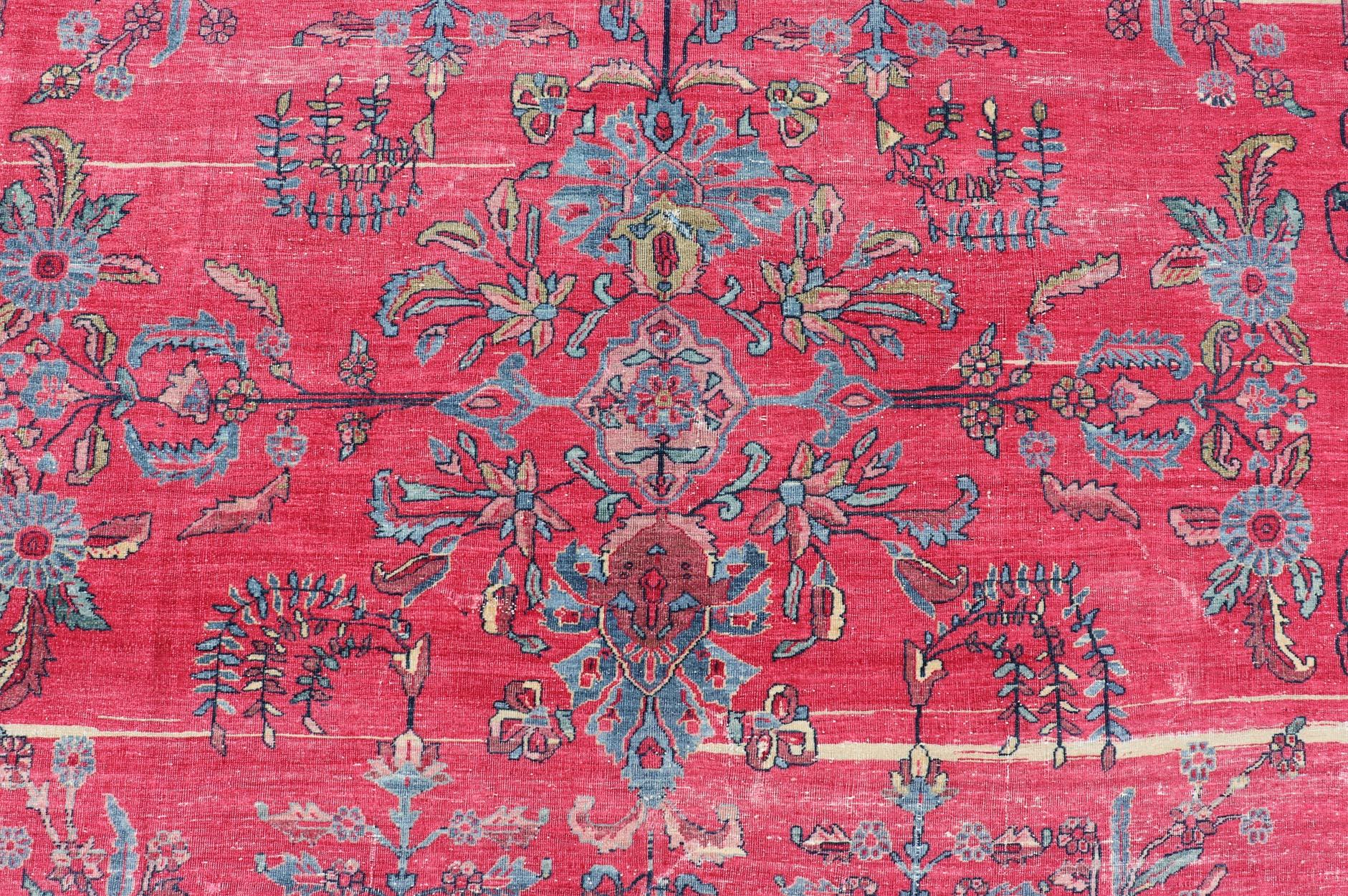Antique Indian Lahore Large Carpet with Floral Design in Soft Magenta and Blue For Sale 6