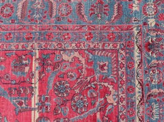Antique Indian Lahore Large Carpet with Floral Design in Soft Magenta and Blue