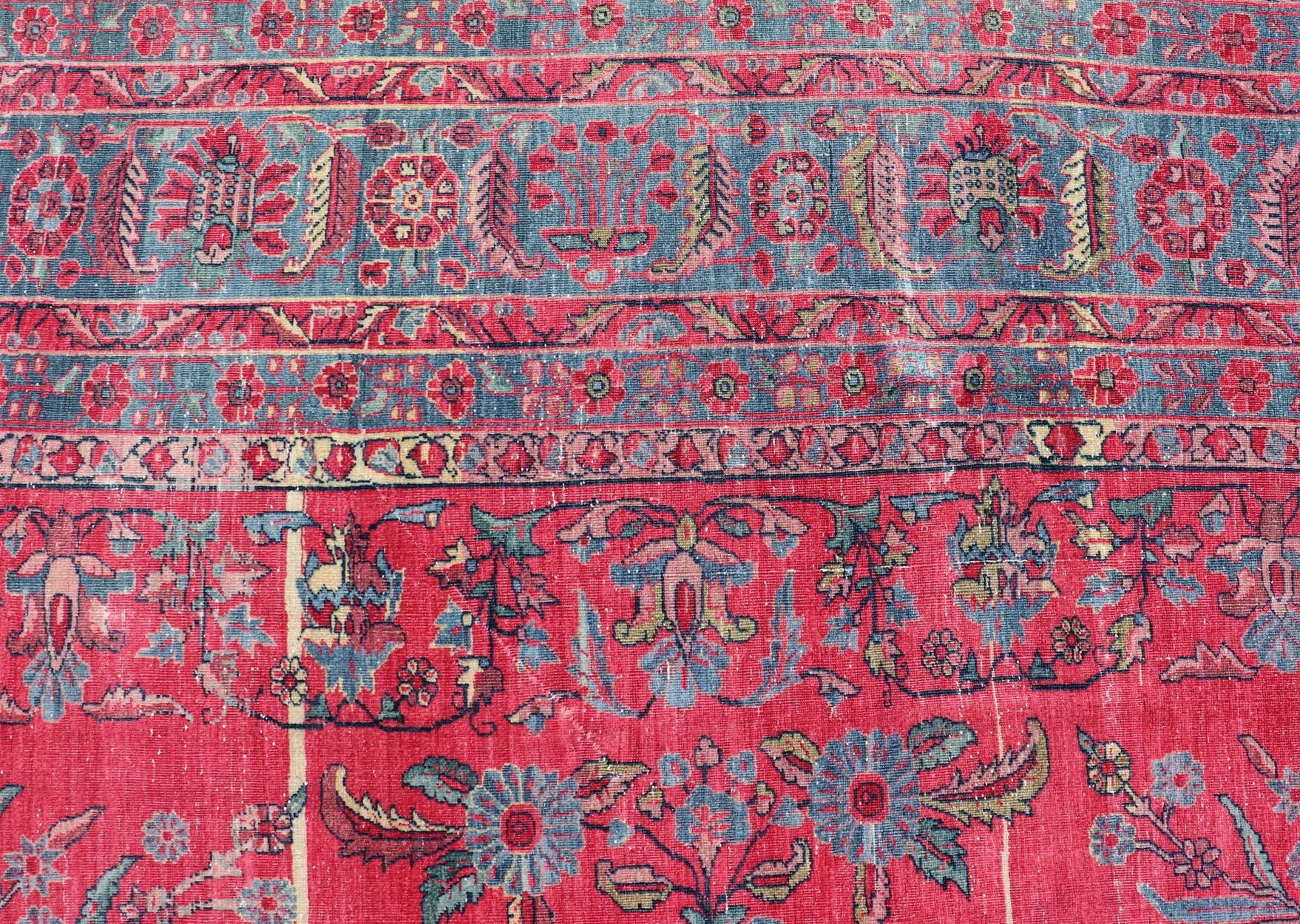 Agra Antique Indian Lahore Large Carpet with Floral Design in Soft Magenta and Blue For Sale