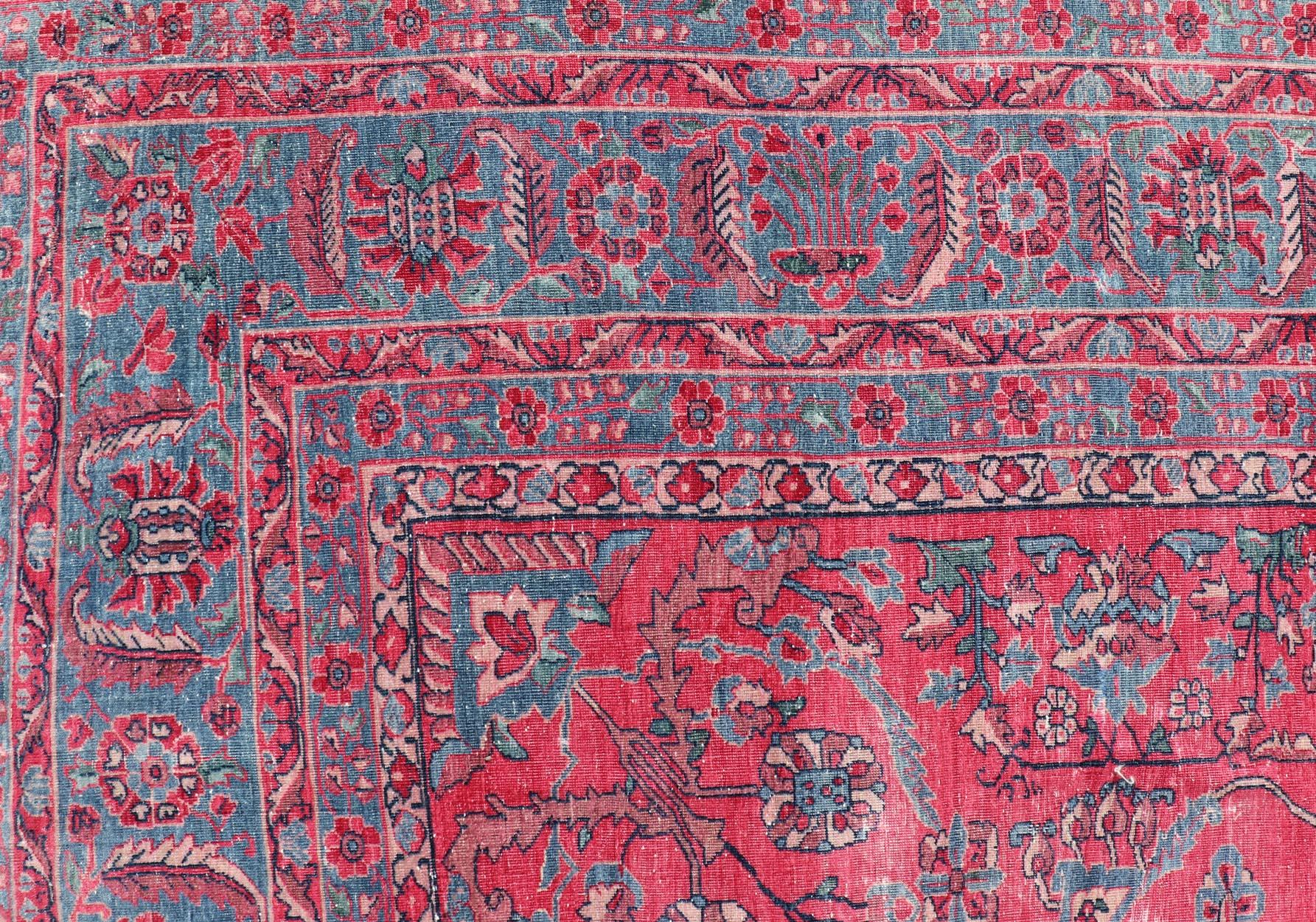 Hand-Knotted Antique Indian Lahore Large Carpet with Floral Design in Soft Magenta and Blue For Sale