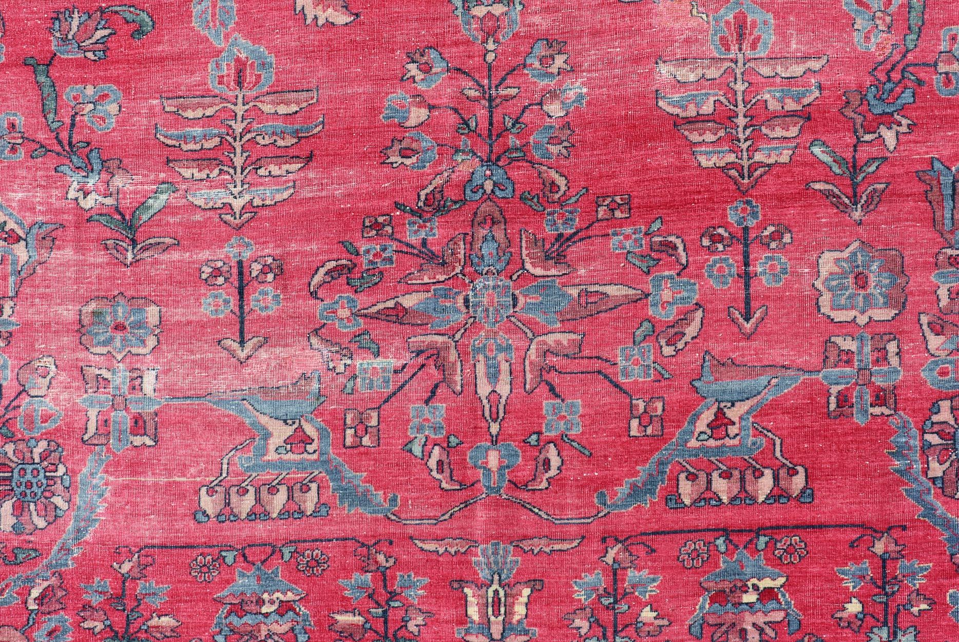 Antique Indian Lahore Large Carpet with Floral Design in Soft Magenta and Blue In Good Condition For Sale In Atlanta, GA