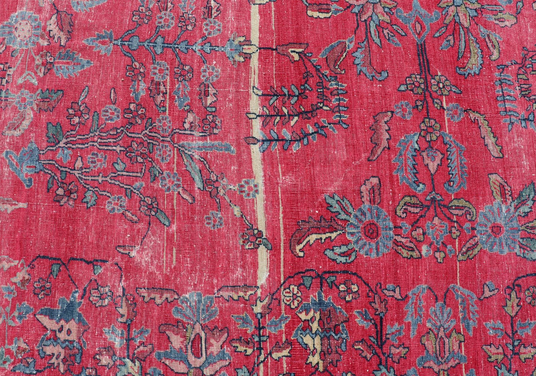 20th Century Antique Indian Lahore Large Carpet with Floral Design in Soft Magenta and Blue For Sale