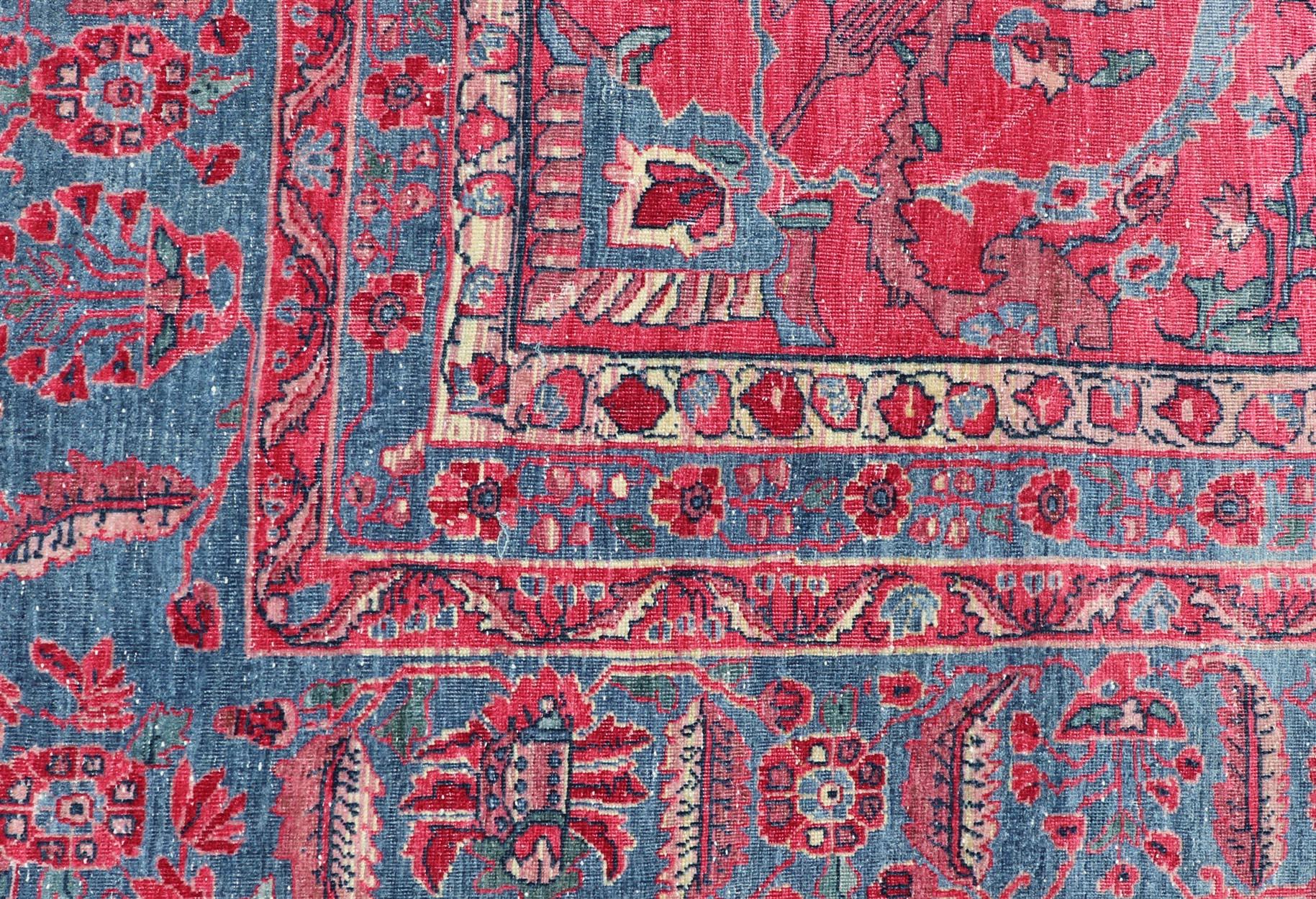 Wool Antique Indian Lahore Large Carpet with Floral Design in Soft Magenta and Blue For Sale