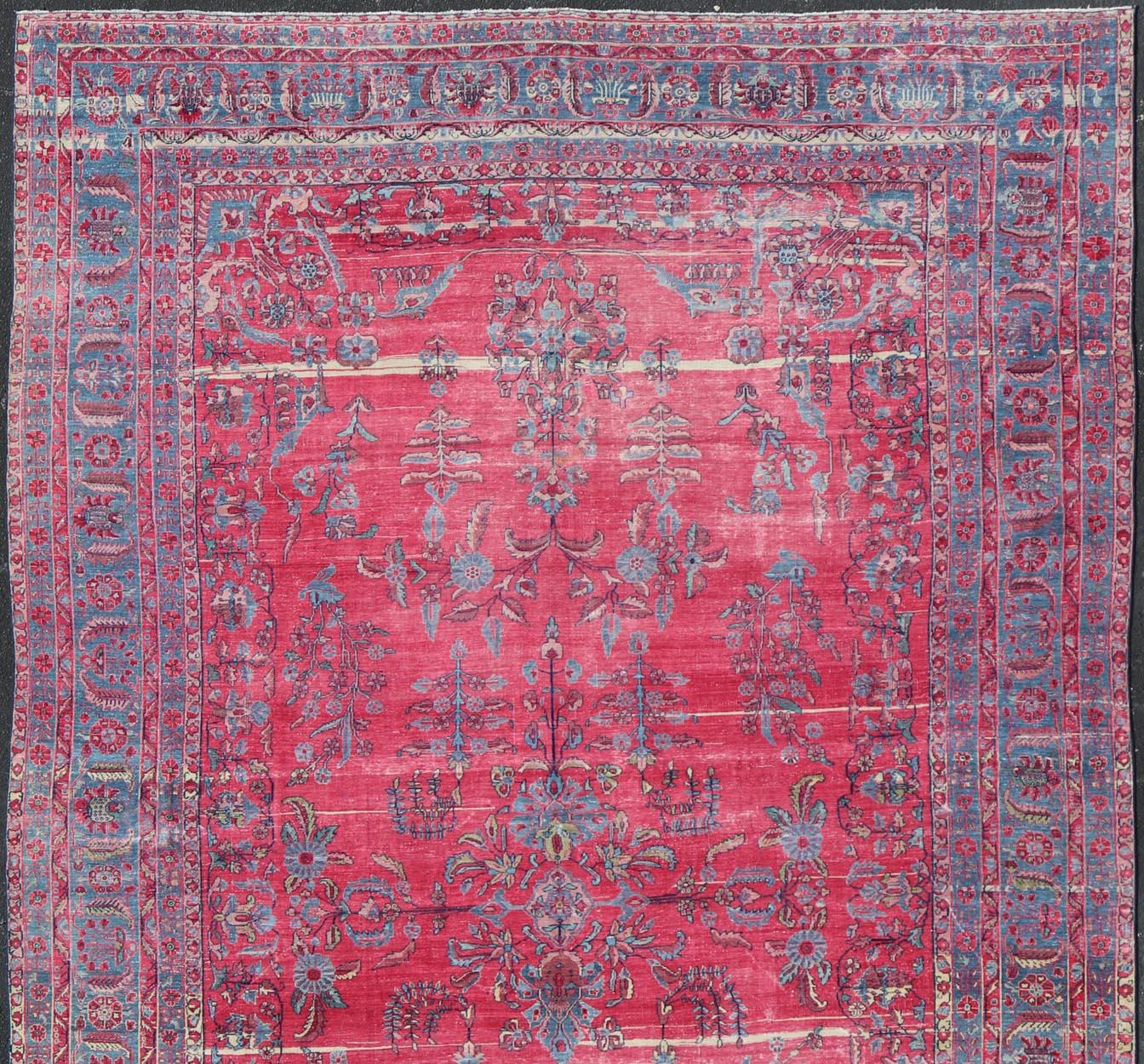 Antique Indian Lahore Large Carpet with Floral Design in Soft Magenta and Blue For Sale 1