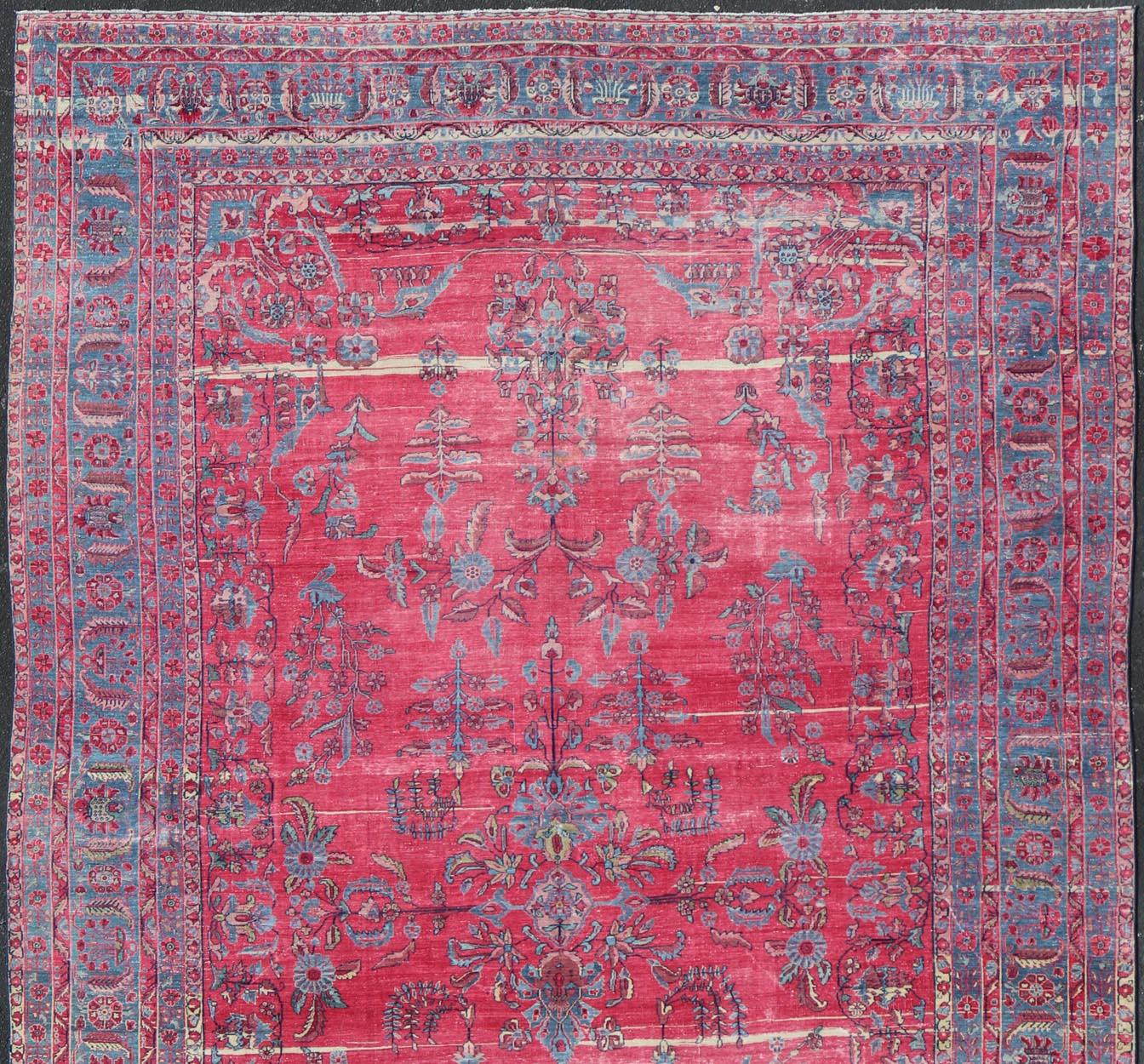 Antiker indischer Lahore-Teppich mit Blumenmuster in weichem Magenta und Blau (Wolle) im Angebot