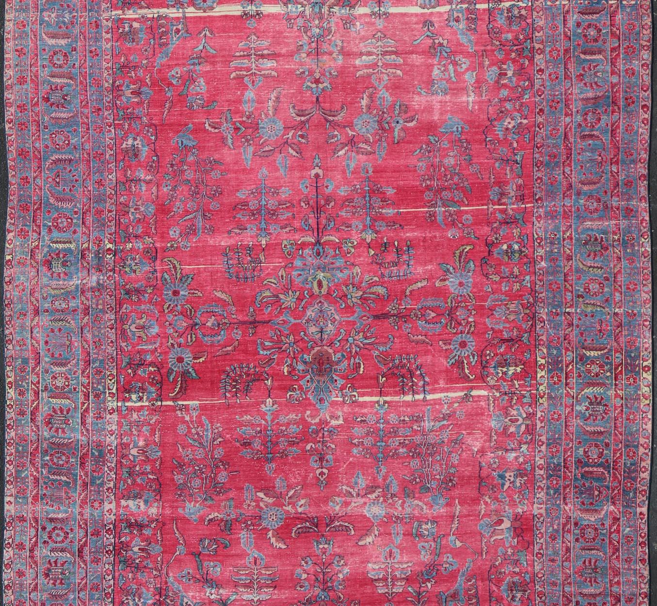 Antique Indian Lahore Large Carpet with Floral Design in Soft Magenta and Blue For Sale 2