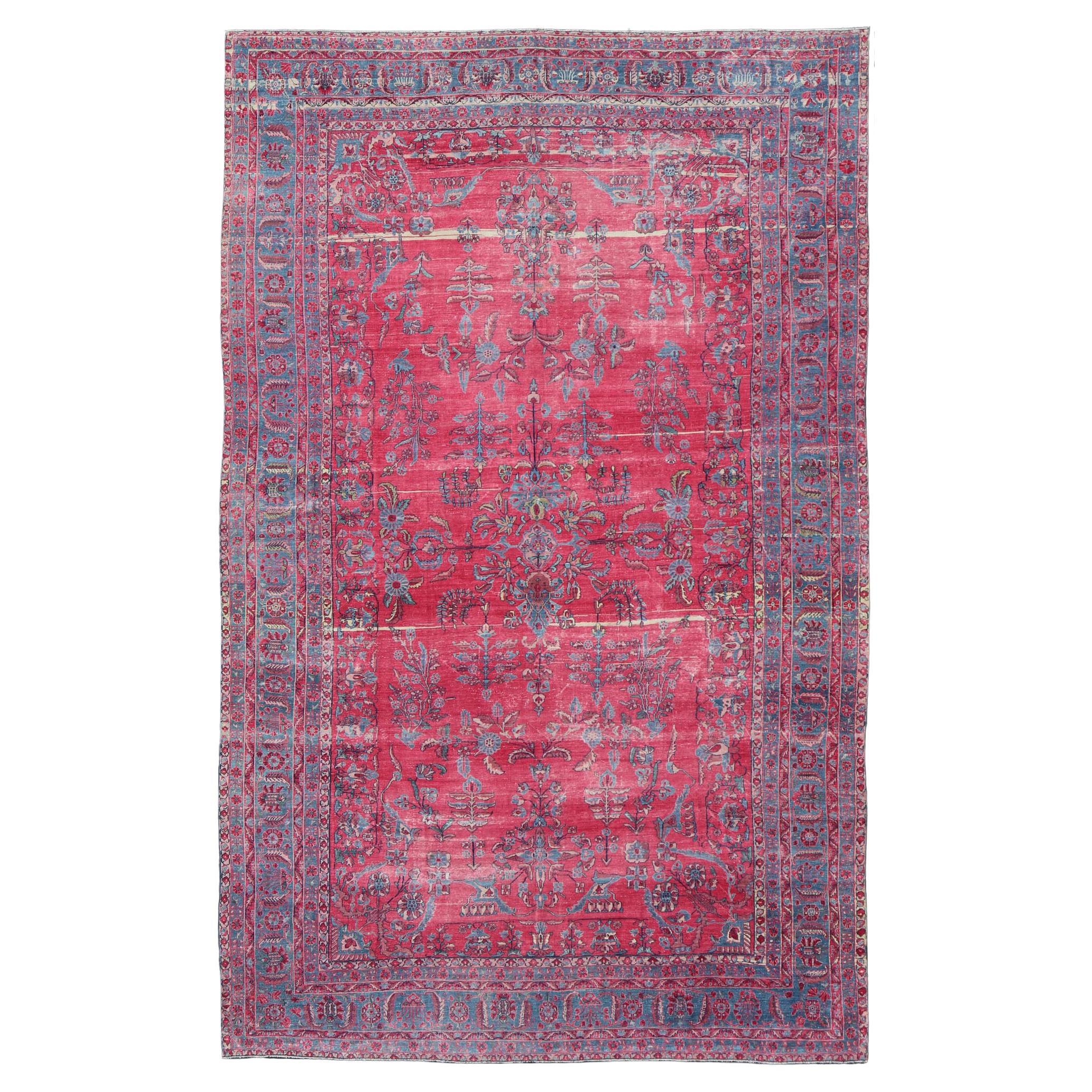 Antique Indian Lahore Large Carpet with Floral Design in Soft Magenta and Blue