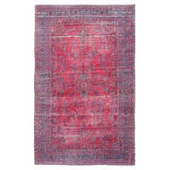 Grand tapis indien ancien de Lahore à motifs floraux en magenta doux et bleu