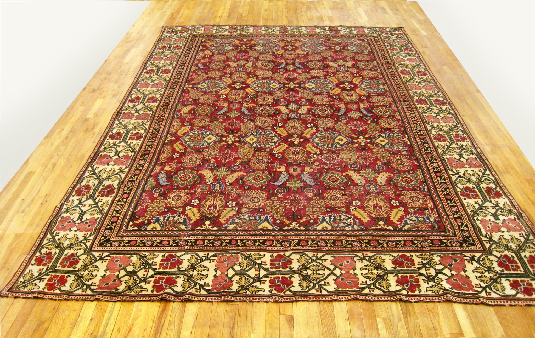 Hand-Knotted Antique Indian Lahore Oriental Rug, Room Size, W/ Symmetrical Design For Sale