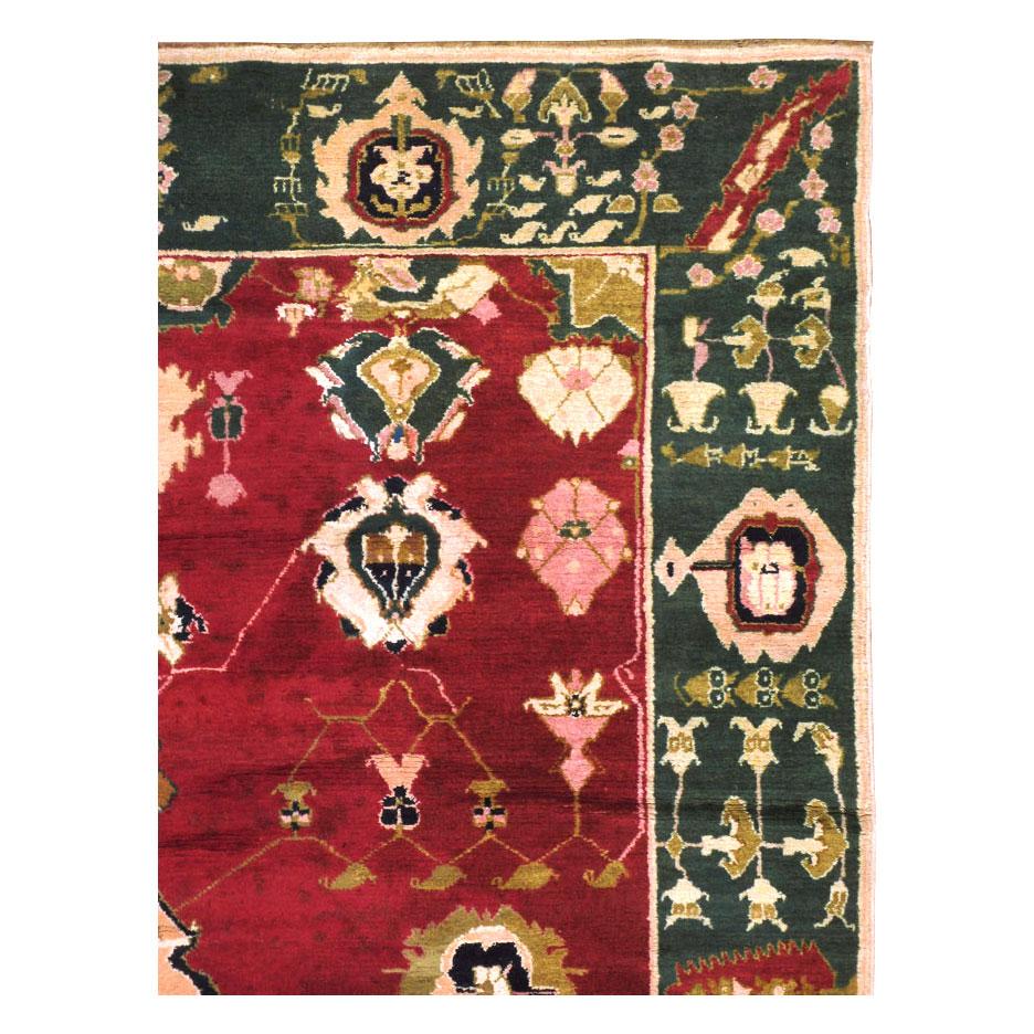Arts and Crafts Mid-20th Century Handmade Indian Lahore Room Size Rug In Maroon and Green For Sale