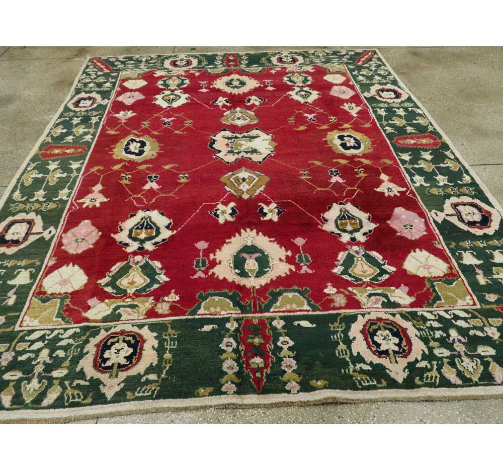 Hand-Knotted Mid-20th Century Handmade Indian Lahore Room Size Rug In Maroon and Green For Sale